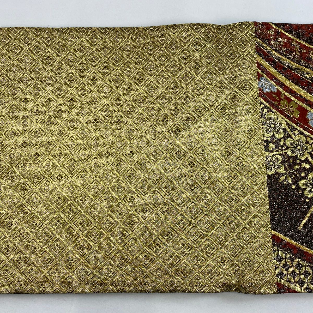 【美品】 袋帶 秀品級 松樹竹子梅花 菊花唐草紋 金金箔 金絲 紅茶 六通 純蠶絲