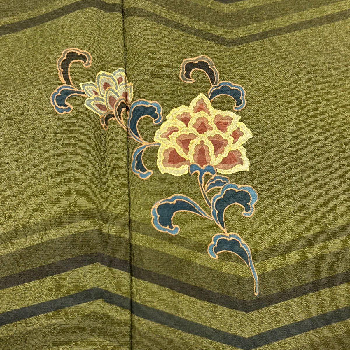 訪問服 身長156cm 袖長64.5cm M 雙層 草花紋紋 雲文 金彩裝飾 茶綠 純蠶絲 秀品級