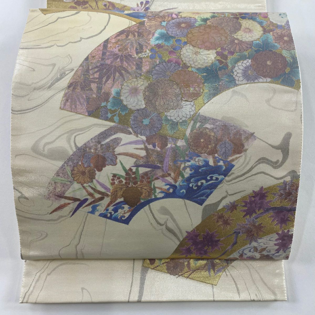 袋帶 秀品級 扇子面 菊花 金金箔 奶油色 大鼓圖案 純蠶絲