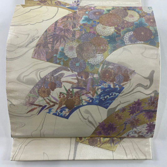 袋帶 秀品級 扇子面 菊花 金金箔 奶油色 大鼓圖案 純蠶絲