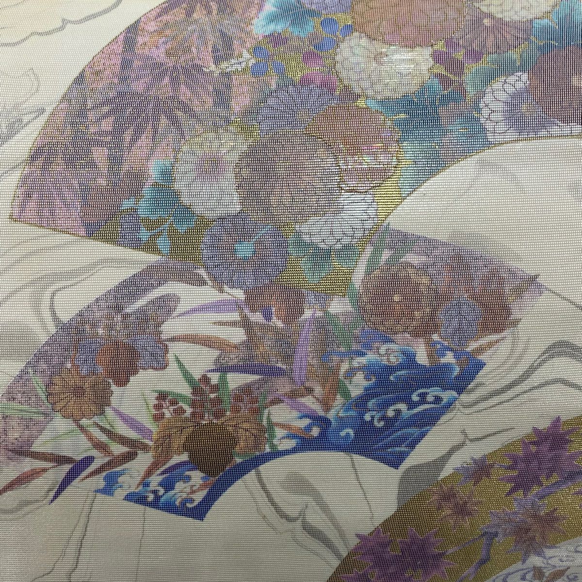 袋帶 秀品級 扇子面 菊花 金金箔 奶油色 大鼓圖案 純蠶絲