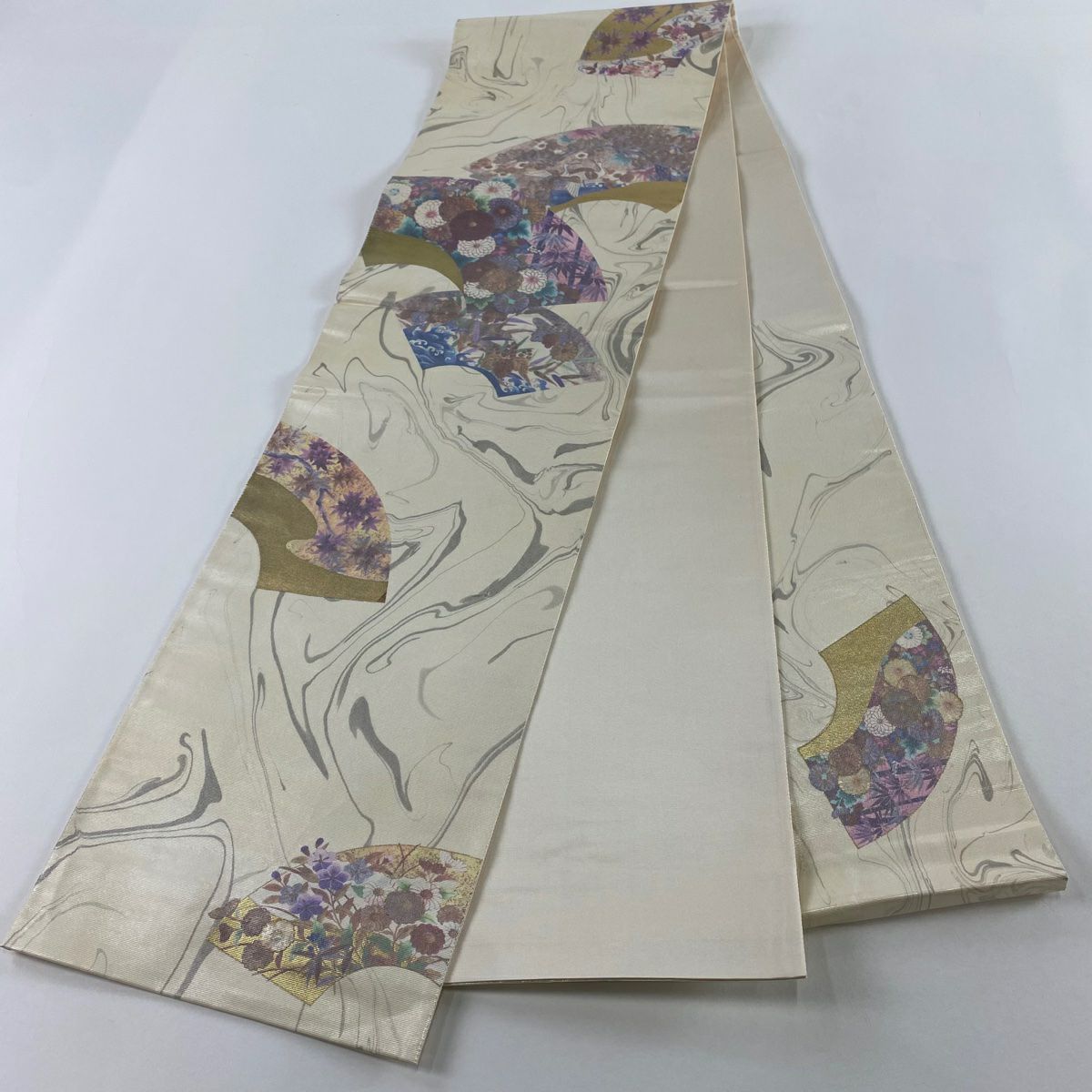 袋帶 秀品級 扇子面 菊花 金金箔 奶油色 大鼓圖案 純蠶絲
