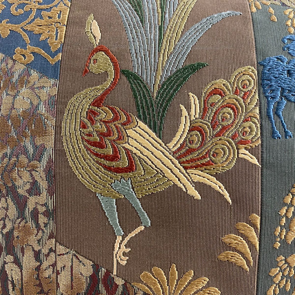 【美品】 袋帶 名品級 附落款 附證書 吉田文之 いづくら 孔雀 草花紋 唐織 茶 六通 純蠶絲