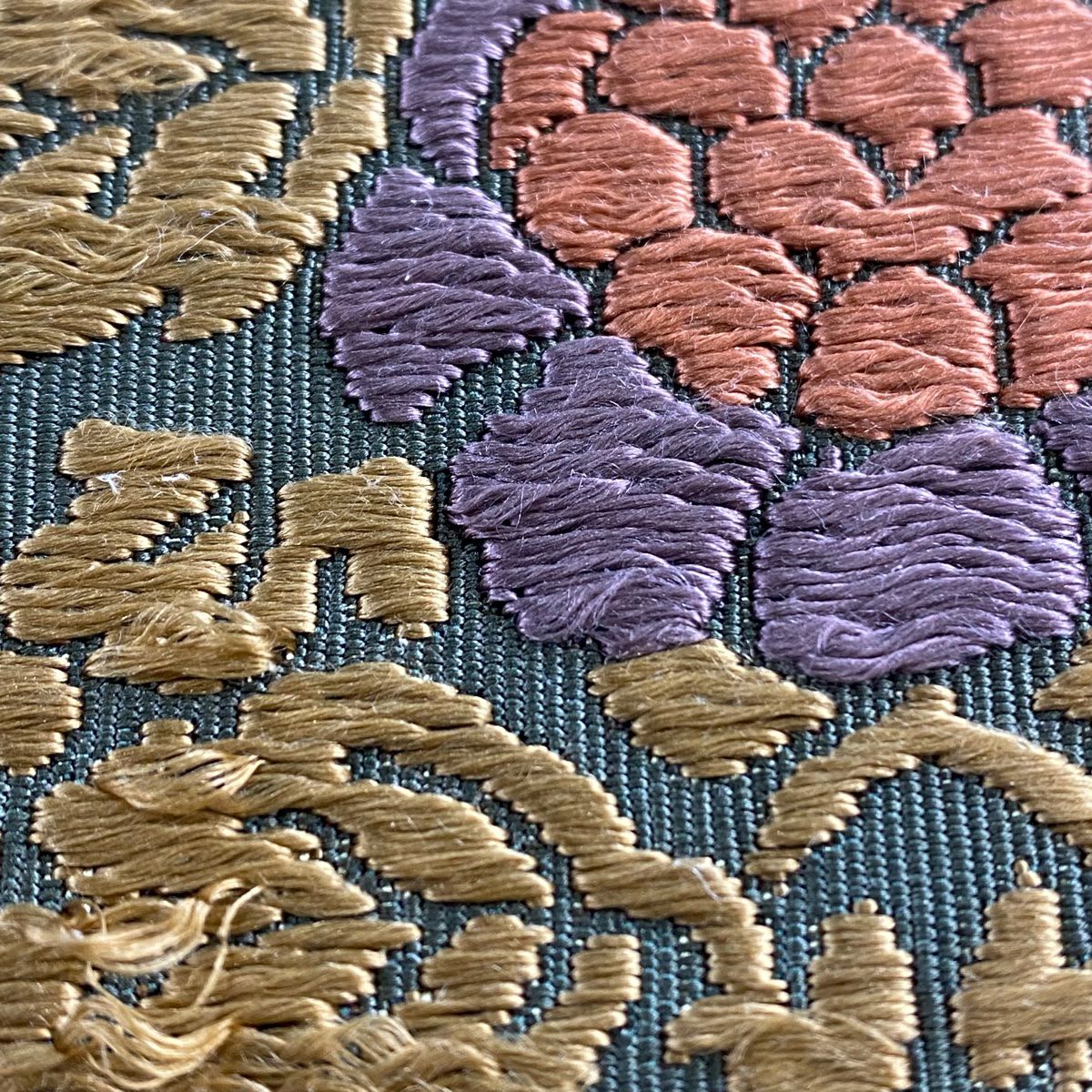 【美品】 袋帶 名品級 附落款 附證書 吉田文之 いづくら 孔雀 草花紋 唐織 茶 六通 純蠶絲