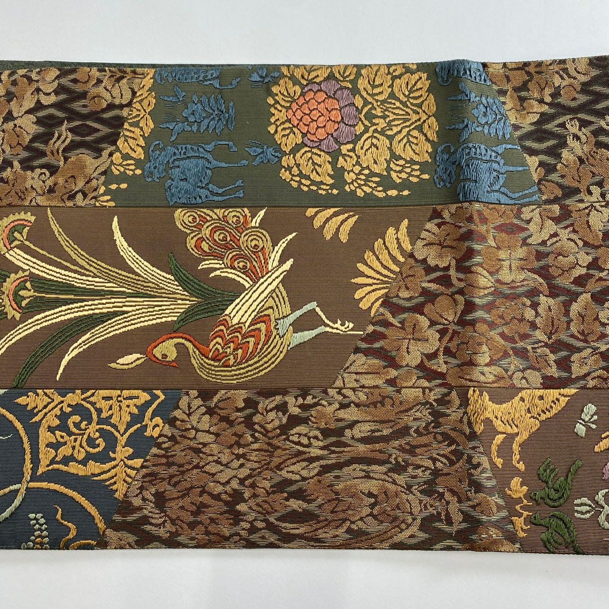 【美品】 袋帶 名品級 附落款 附證書 吉田文之 いづくら 孔雀 草花紋 唐織 茶 六通 純蠶絲