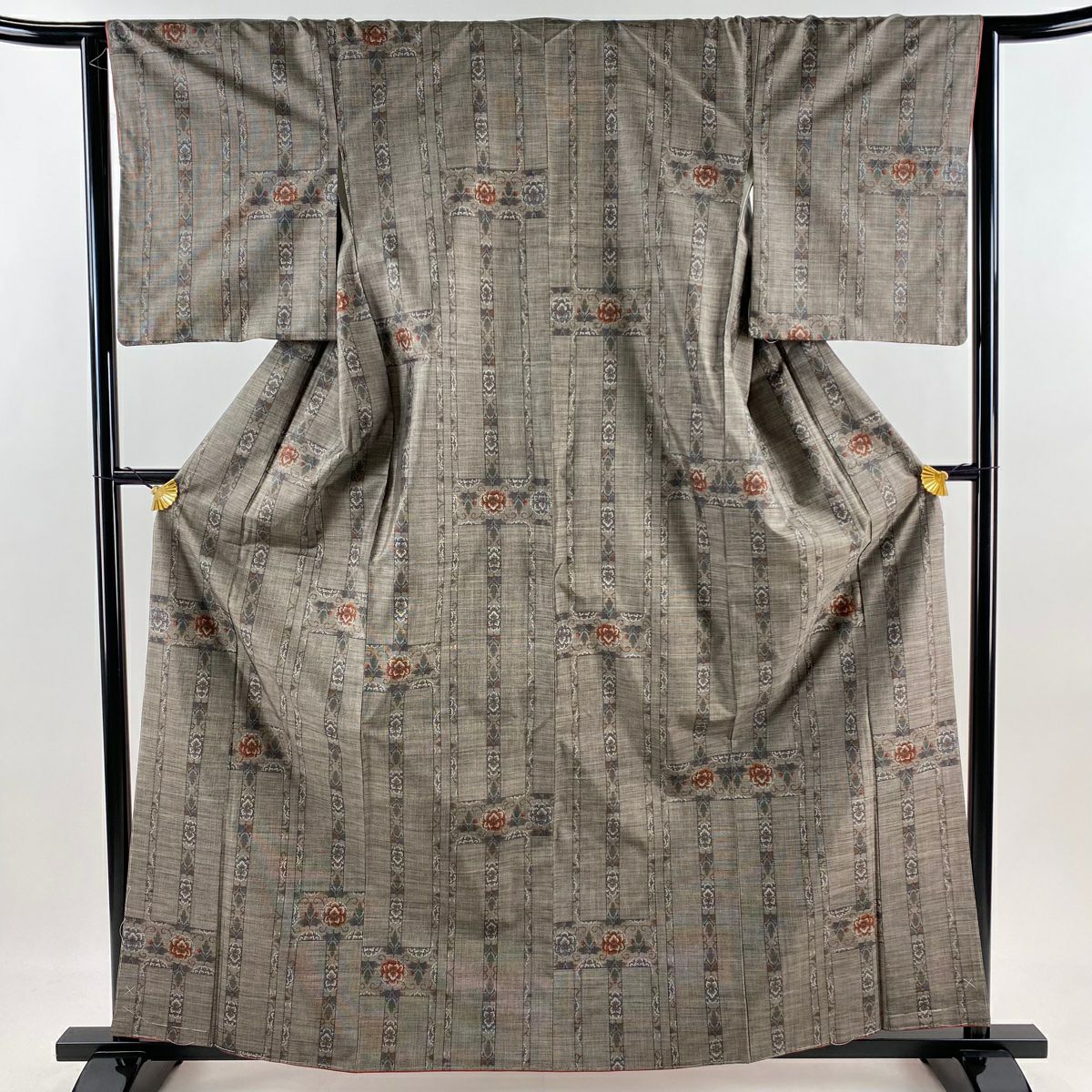 【美品】 紬織織 身長162.5cm 袖長64cm M 雙層 縞紋 草花紋紋 灰茶 純蠶絲 秀品級