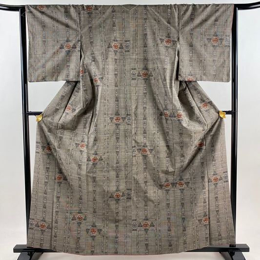 【美品】 紬織織 身長162.5cm 袖長64cm M 雙層 縞紋 草花紋紋 灰茶 純蠶絲 秀品級