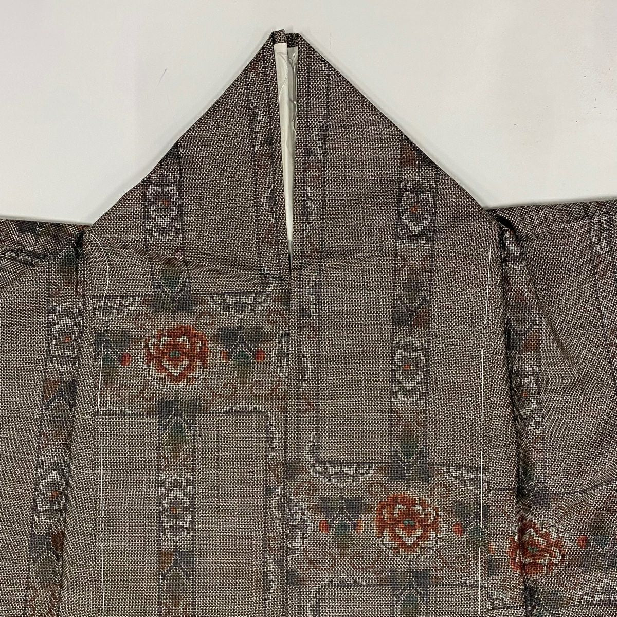 【美品】 紬織織 身長162.5cm 袖長64cm M 雙層 縞紋 草花紋紋 灰茶 純蠶絲 秀品級