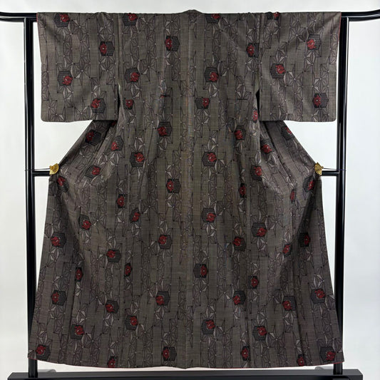 紬織 身長154.5cm 袖長63cm S 雙層 麻葉花 焦茶 純蠶絲 秀品級