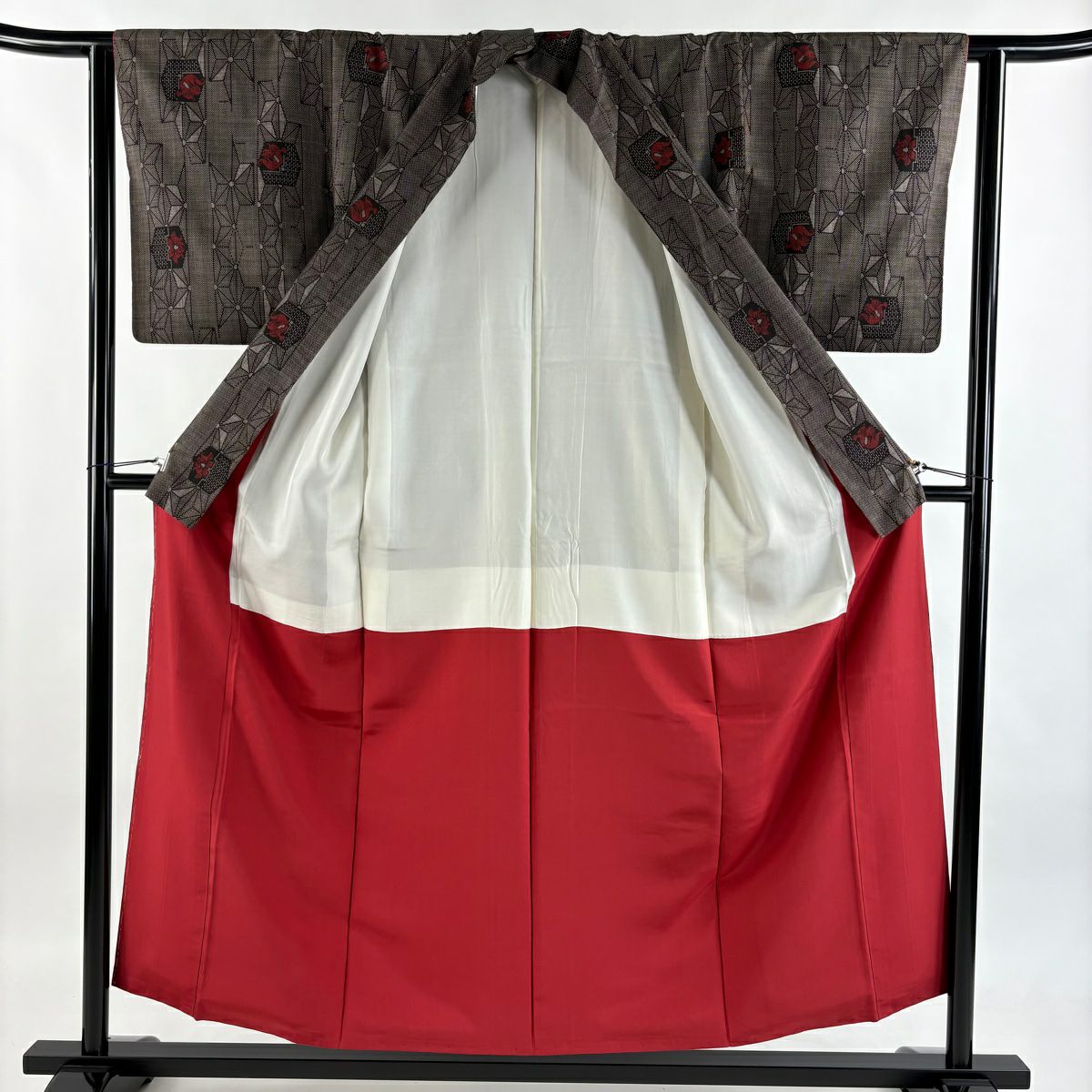 紬織 身長154.5cm 袖長63cm S 雙層 麻葉花 焦茶 純蠶絲 秀品級