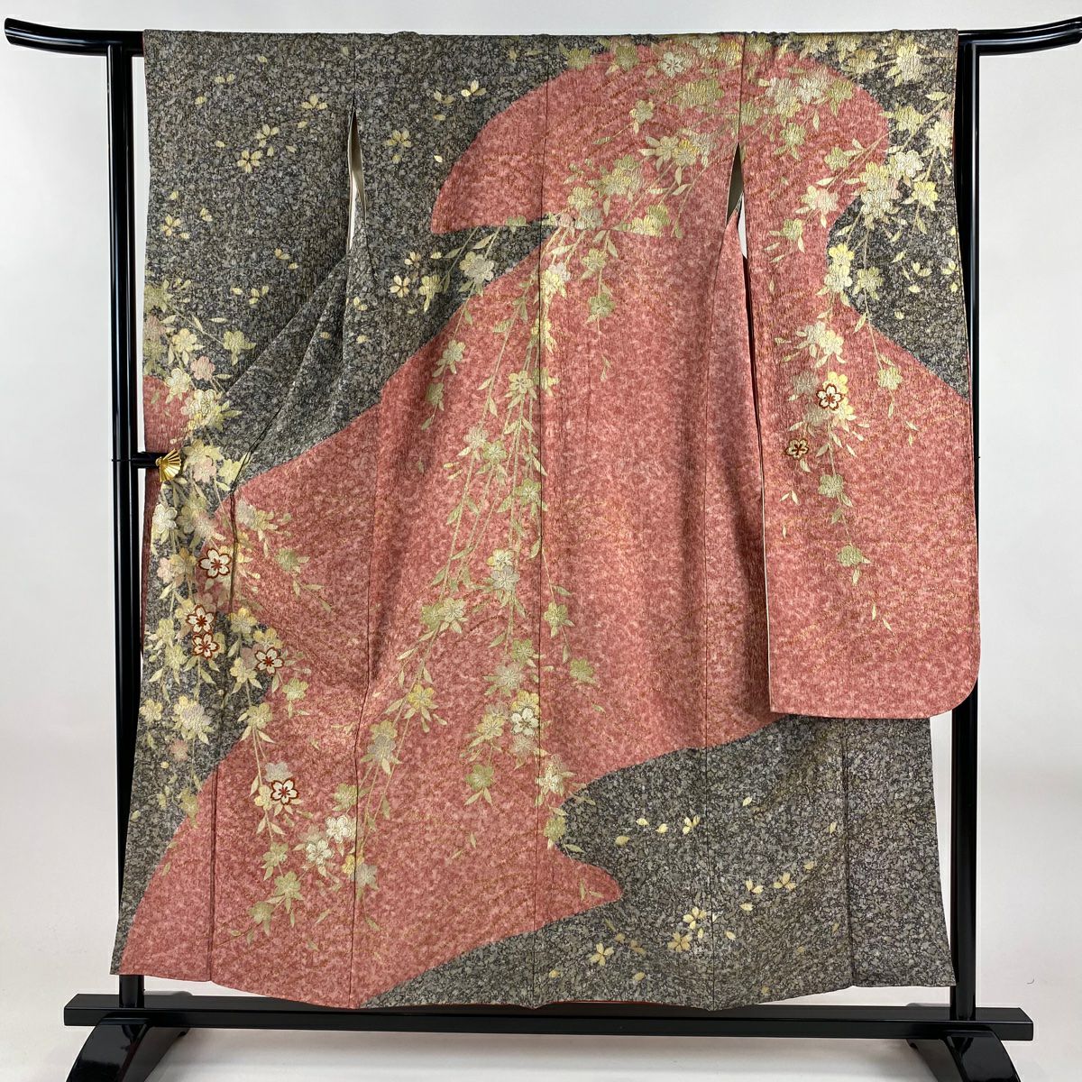 振袖禮服 身長154.5cm 袖長62cm S 雙層 櫻花 波紋 刺繡 金彩裝飾 灰茶 純蠶絲 秀品級