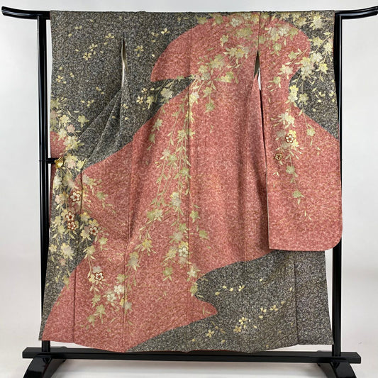 振袖禮服 身長154.5cm 袖長62cm S 雙層 櫻花 波紋 刺繡 金彩裝飾 灰茶 純蠶絲 秀品級