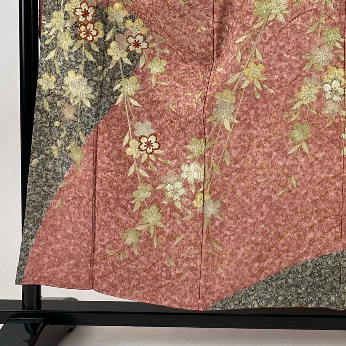 振袖禮服 身長154.5cm 袖長62cm S 雙層 櫻花 波紋 刺繡 金彩裝飾 灰茶 純蠶絲 秀品級