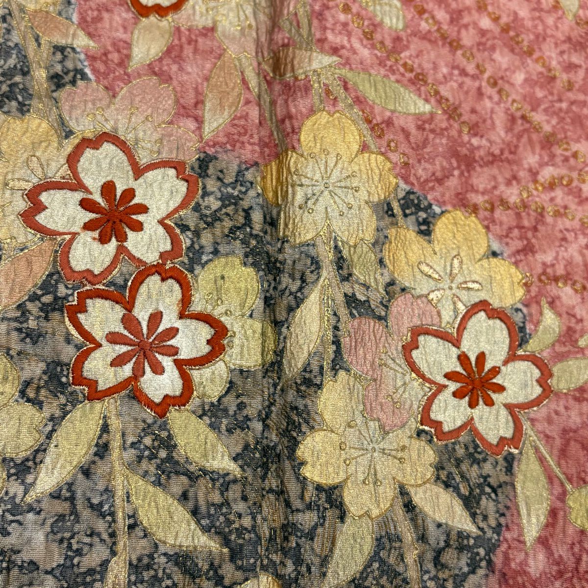 振袖禮服 身長154.5cm 袖長62cm S 雙層 櫻花 波紋 刺繡 金彩裝飾 灰茶 純蠶絲 秀品級