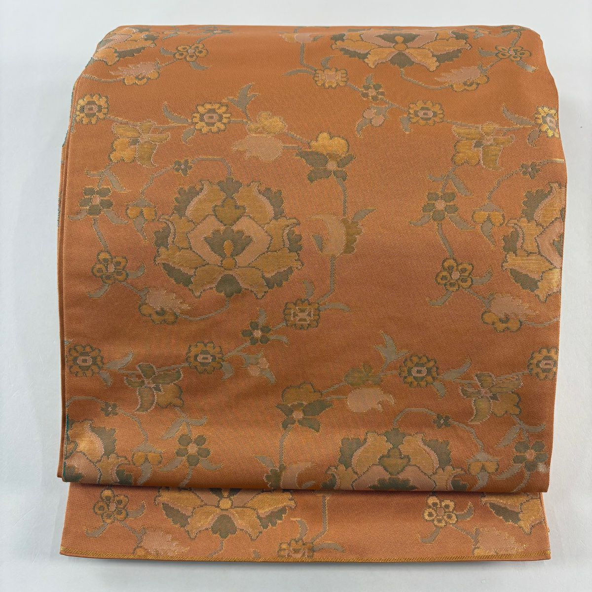 【美品】 袋帶 秀品級 織悅 落款あり 關西仕立 草花紋紋 金金箔 橙色 全通 純蠶絲