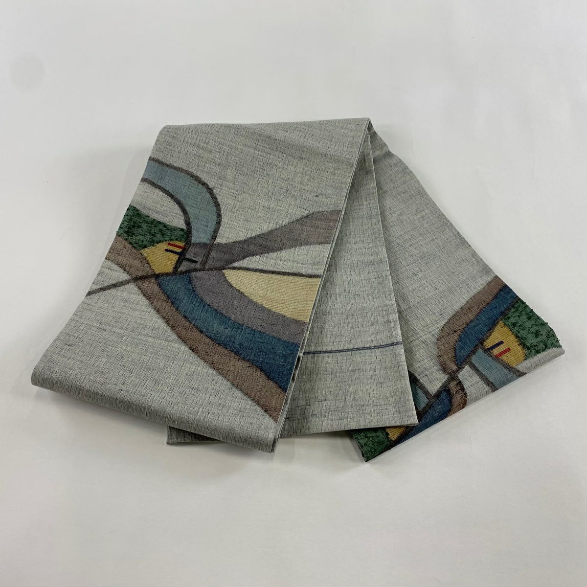 【美品】 袋帶 秀品級 幾何學 灰 深藍色 お太鼓柄 純蠶絲