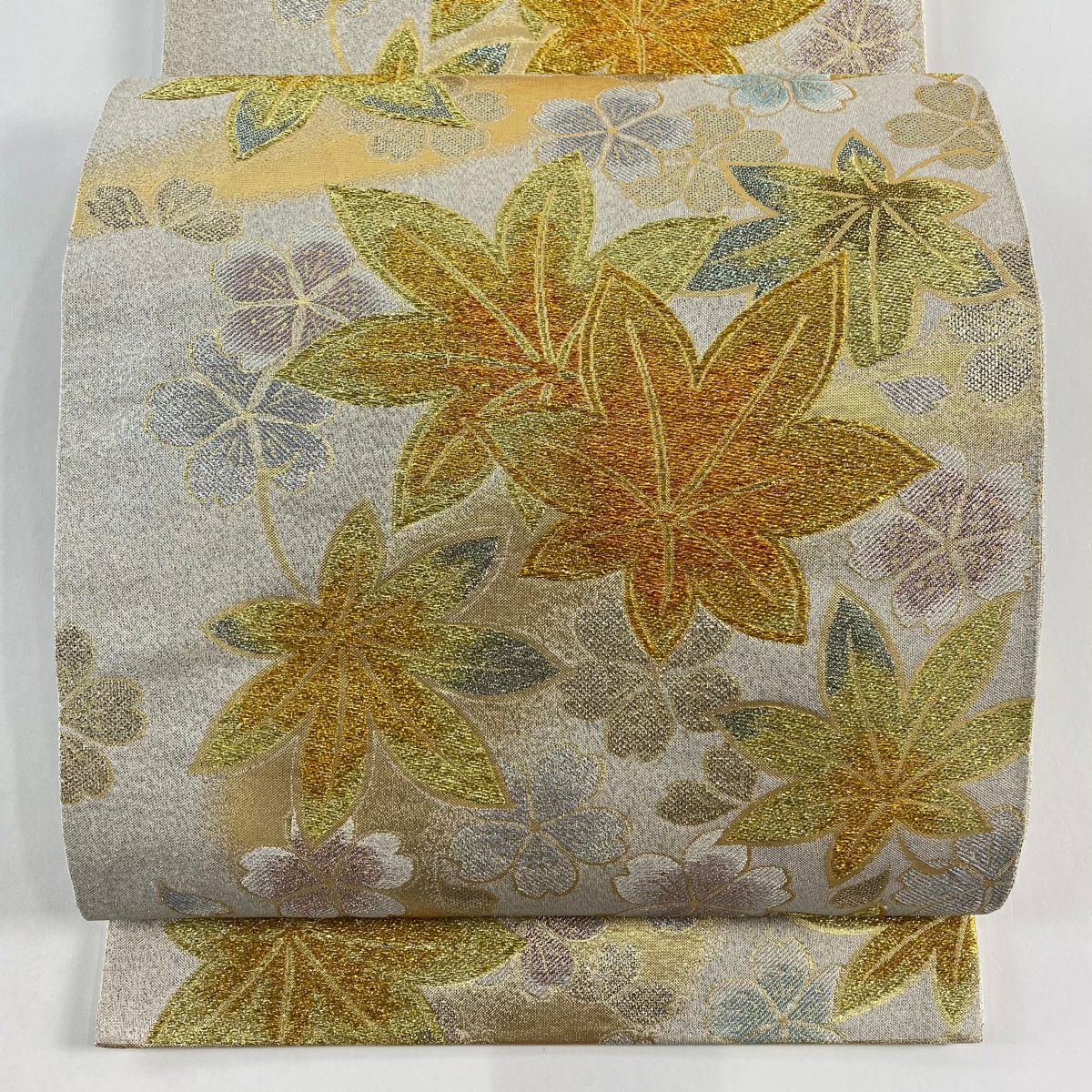 【美品】 袋帶 秀品級 楓 櫻花 金銀彩 金金箔 奶油 六通 純蠶絲