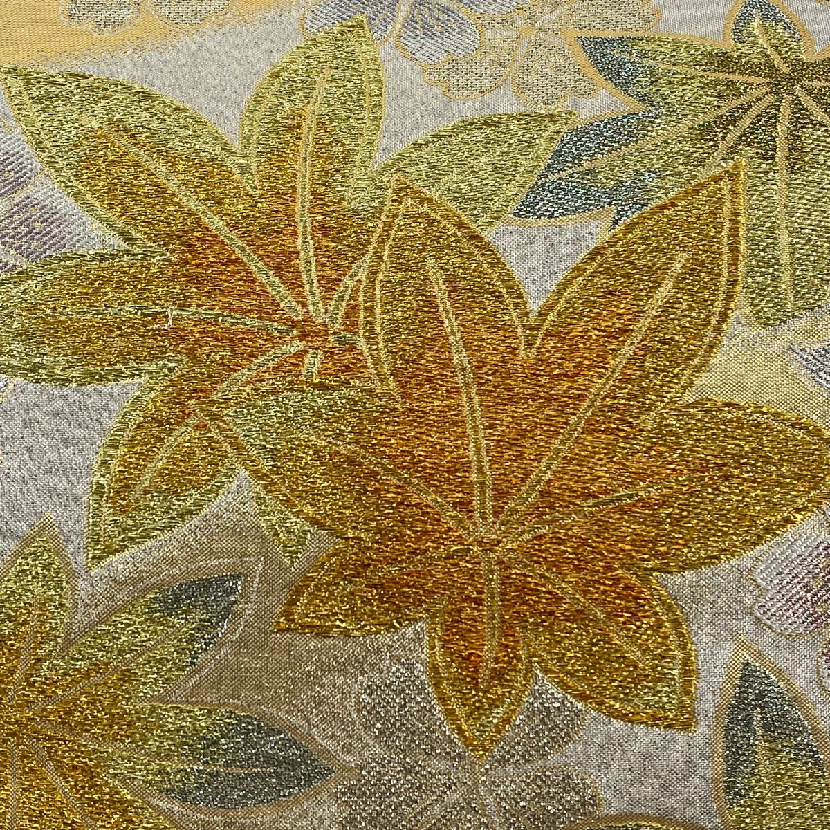 【美品】 袋帶 秀品級 楓 櫻花 金銀彩 金金箔 奶油 六通 純蠶絲