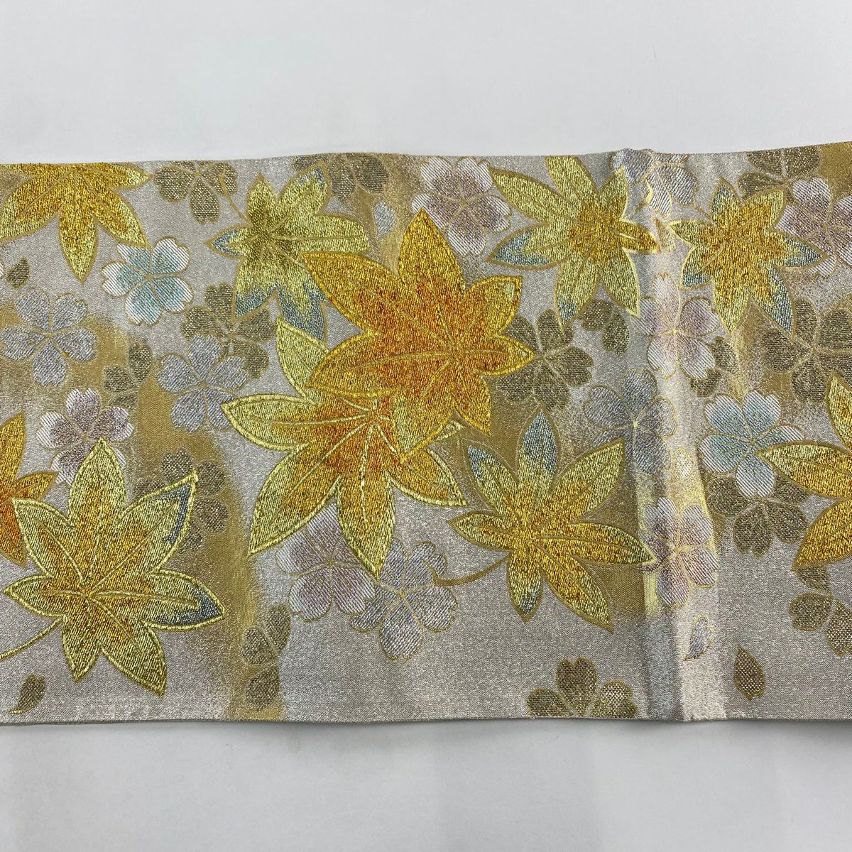 【美品】 袋帶 秀品級 楓 櫻花 金銀彩 金金箔 奶油 六通 純蠶絲