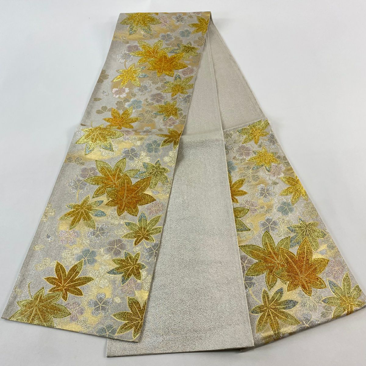 【美品】 袋帶 秀品級 楓 櫻花 金銀彩 金金箔 奶油 六通 純蠶絲