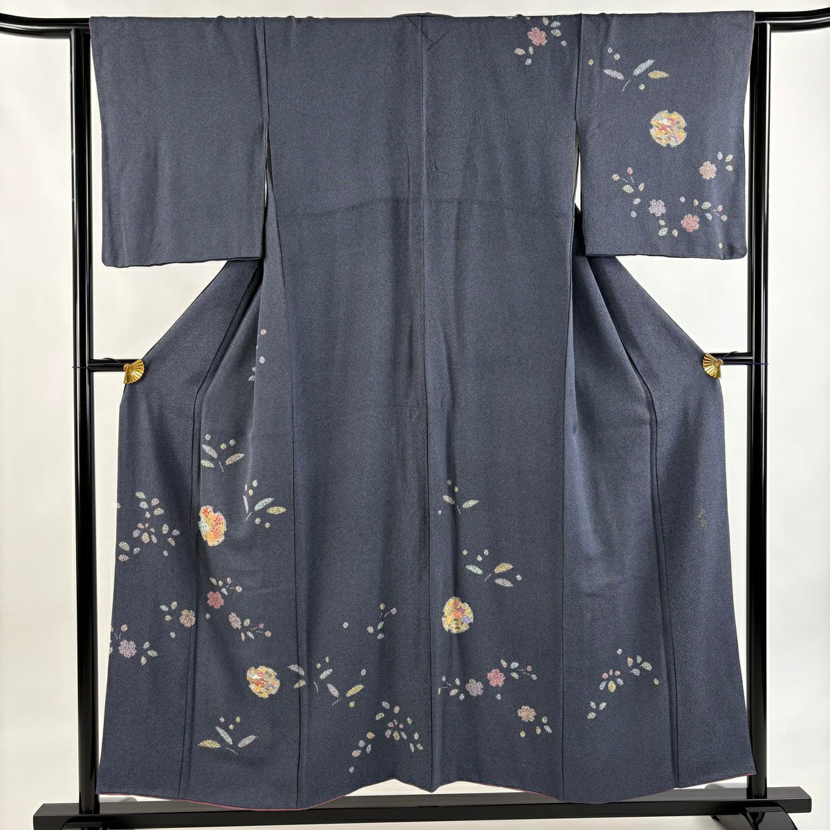付下 身長152cm 袖長65cm M 雙層 有落款 櫻花 雪輪 金絲 金銀彩 青灰色 純蠶絲 優品級