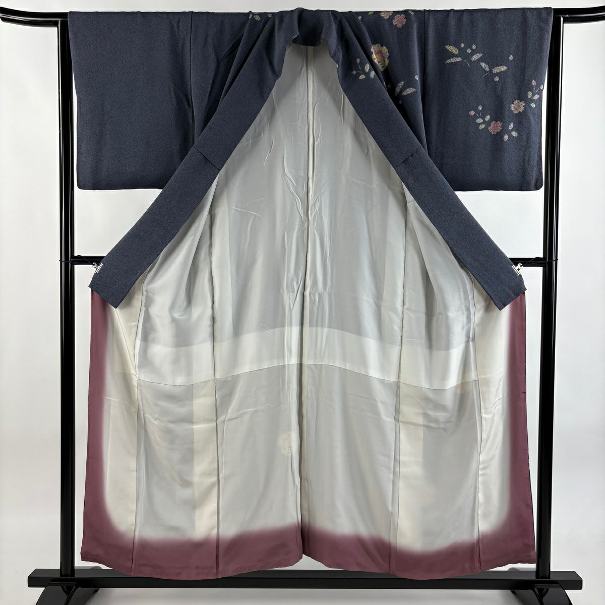 付下 身長152cm 袖長65cm M 雙層 有落款 櫻花 雪輪 金絲 金銀彩 青灰色 純蠶絲 優品級