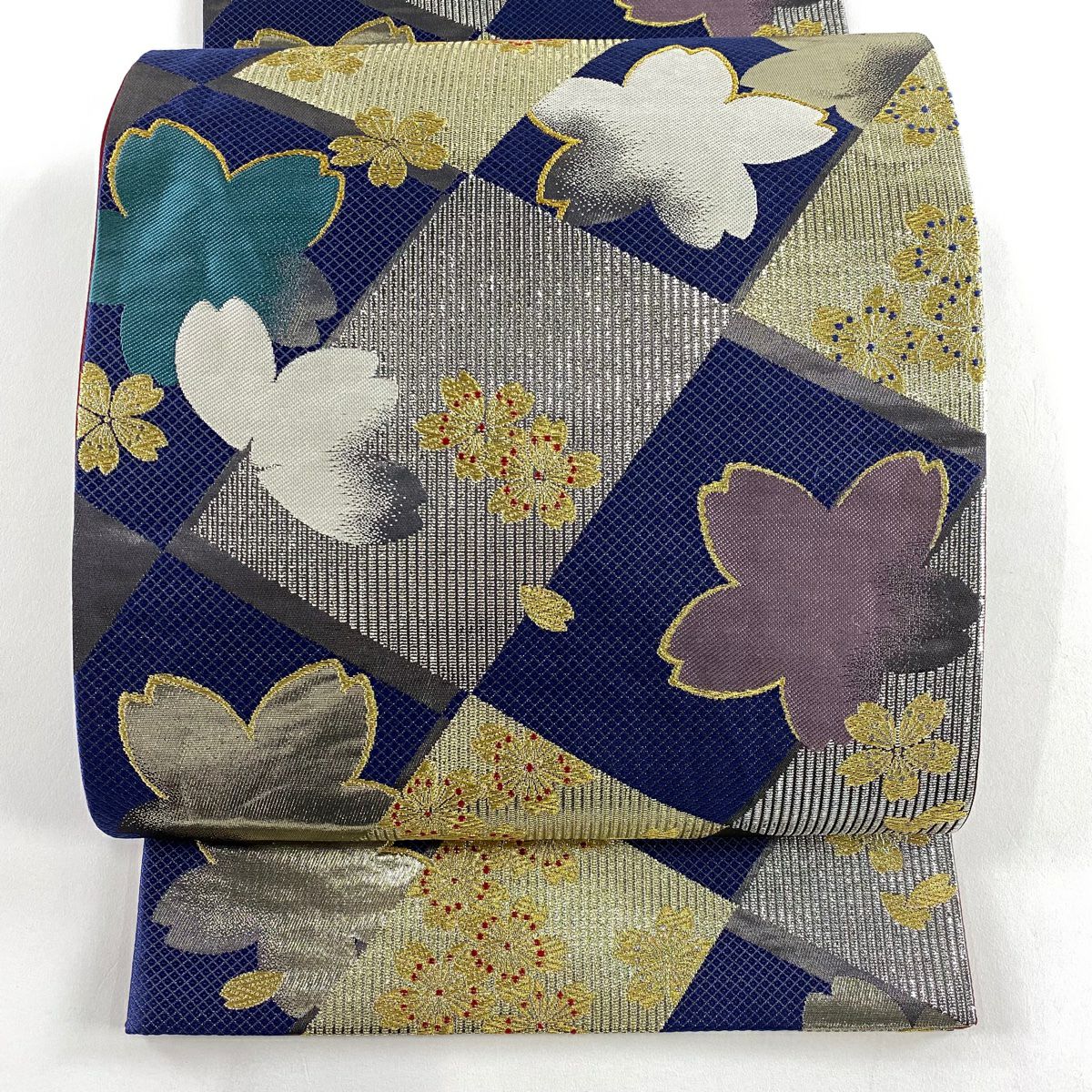【美品】 袋帶 秀品級 樱花 菱形 金絲 金金箔 青紫 六通 純蠶絲