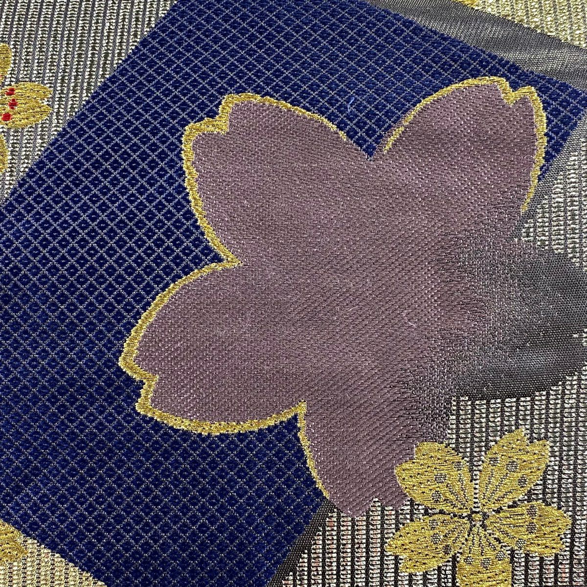 【美品】 袋帶 秀品級 樱花 菱形 金絲 金金箔 青紫 六通 純蠶絲