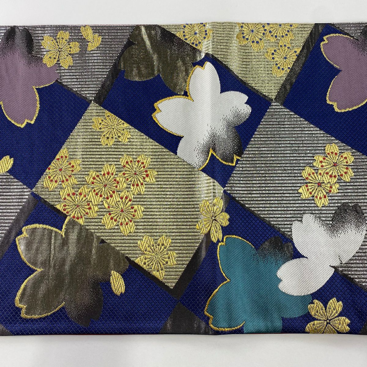 【美品】 袋帶 秀品級 樱花 菱形 金絲 金金箔 青紫 六通 純蠶絲