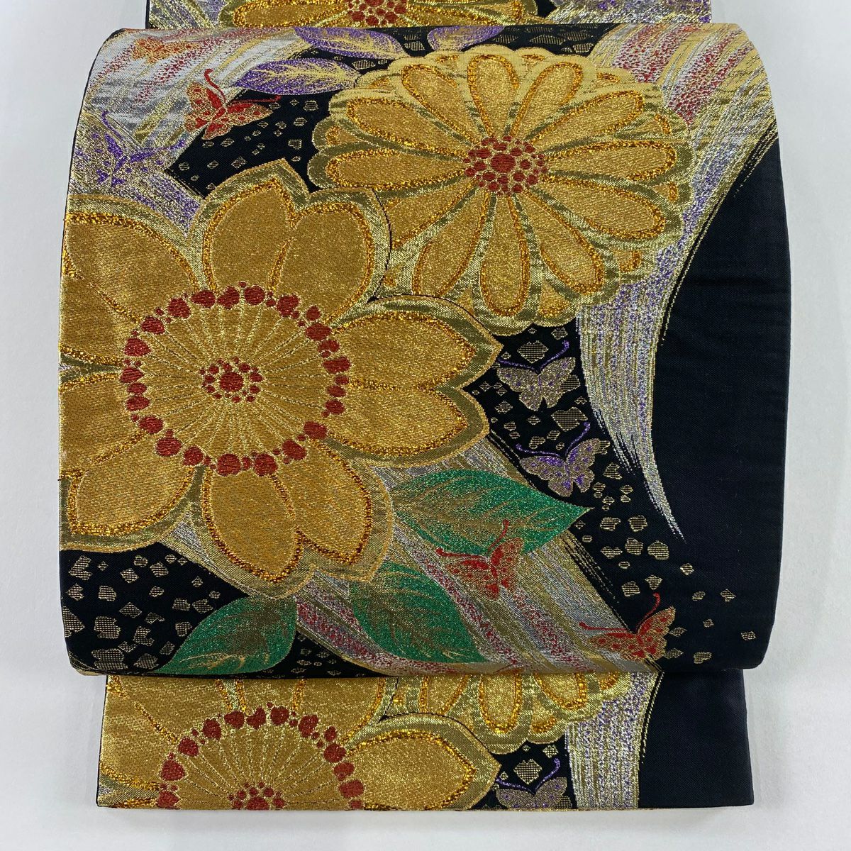 【美品】 袋帶 秀品級 花 蝶 金金箔 金絲 黑 六通 純蠶絲
