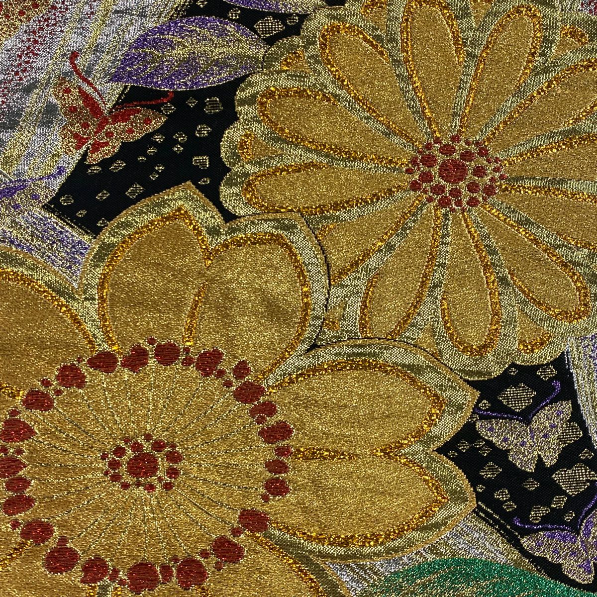 【美品】 袋帶 秀品級 花 蝶 金金箔 金絲 黑 六通 純蠶絲