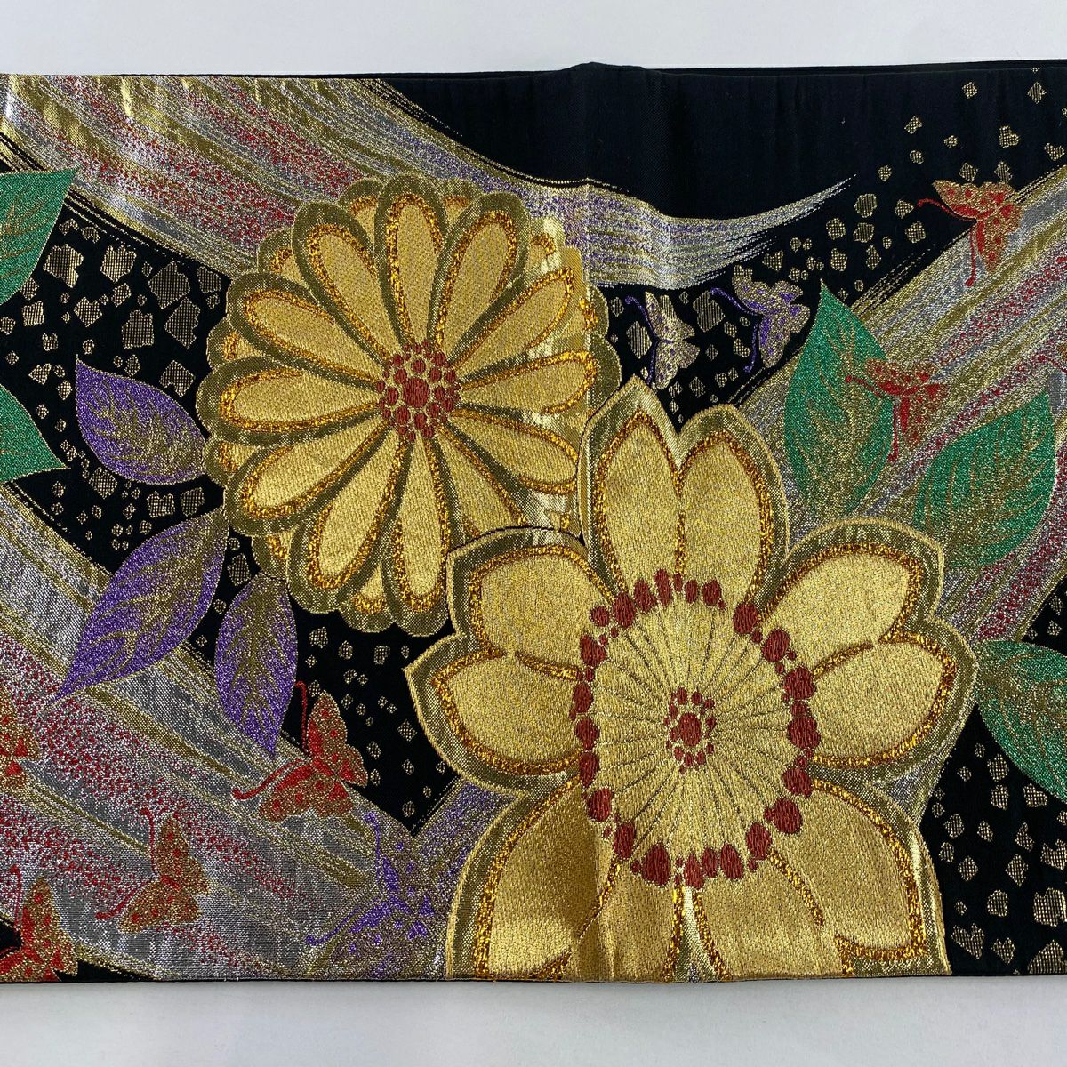 【美品】 袋帶 秀品級 花 蝶 金金箔 金絲 黑 六通 純蠶絲