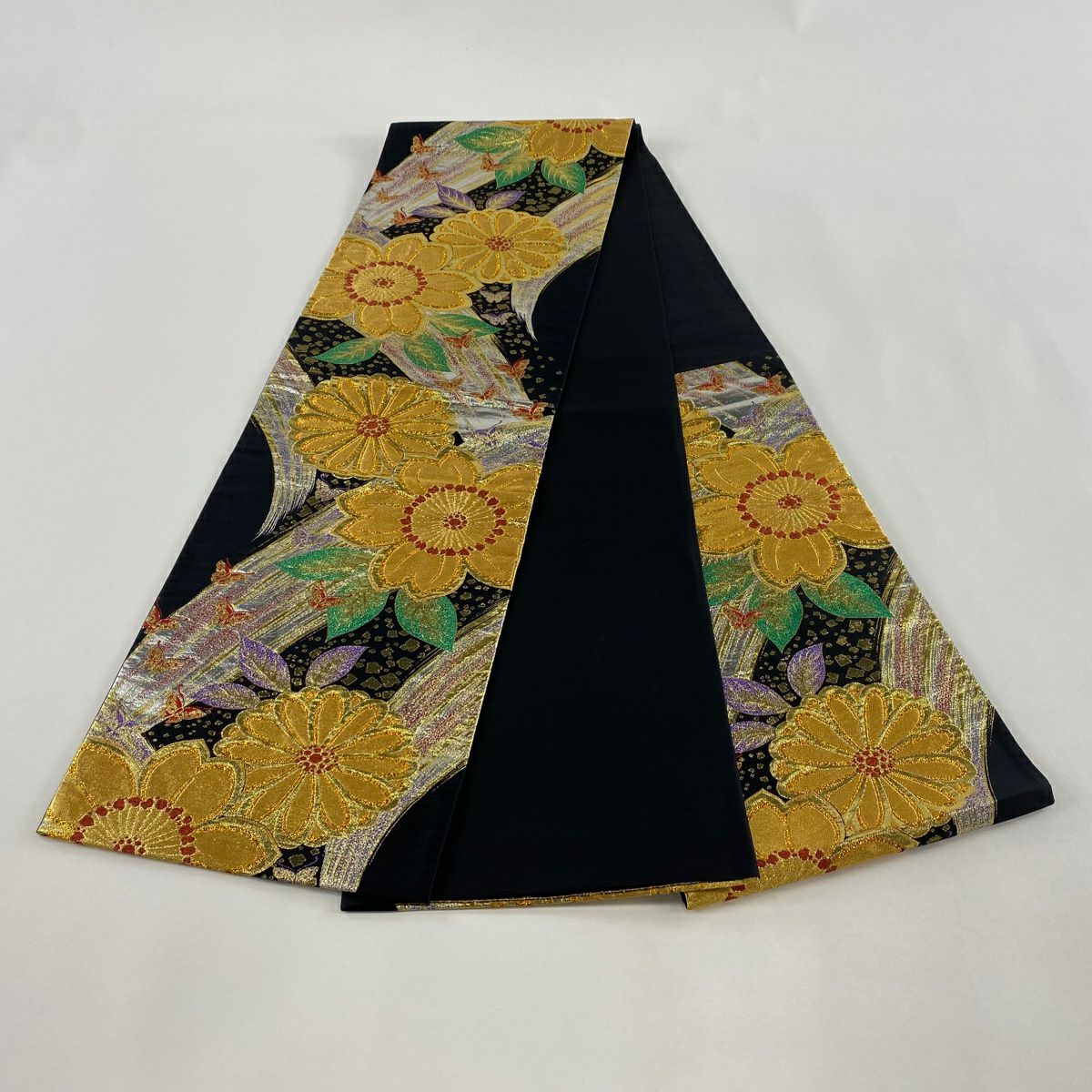 【美品】 袋帶 秀品級 花 蝶 金金箔 金絲 黑 六通 純蠶絲