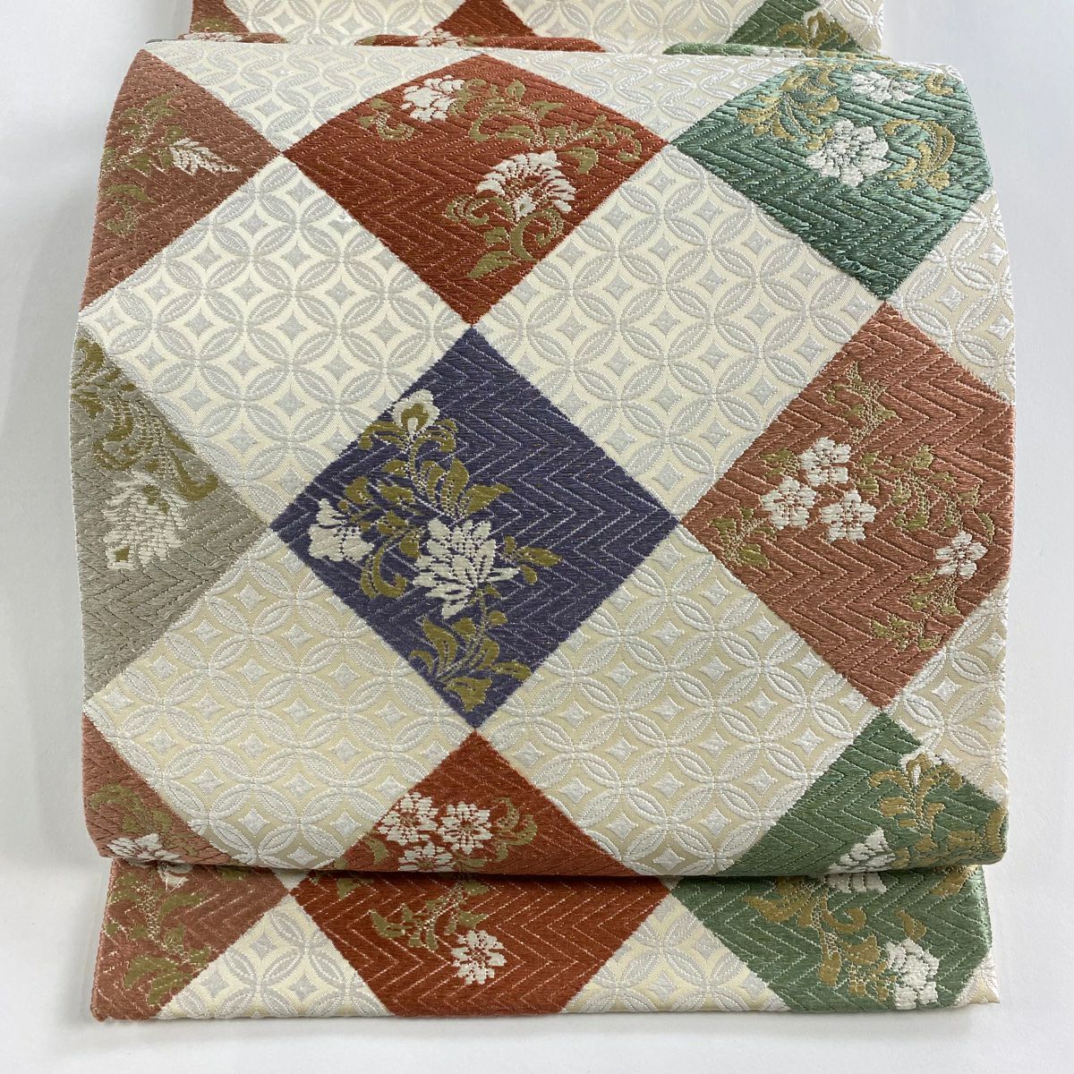 【美品】 袋帶 名品級 菱 草花紋 唐織 金絲 奶油 六通 純蠶絲