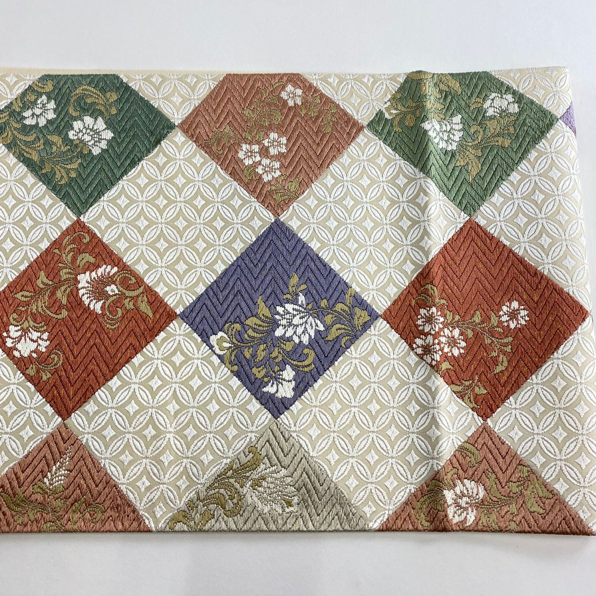 【美品】 袋帶 名品級 菱 草花紋 唐織 金絲 奶油 六通 純蠶絲