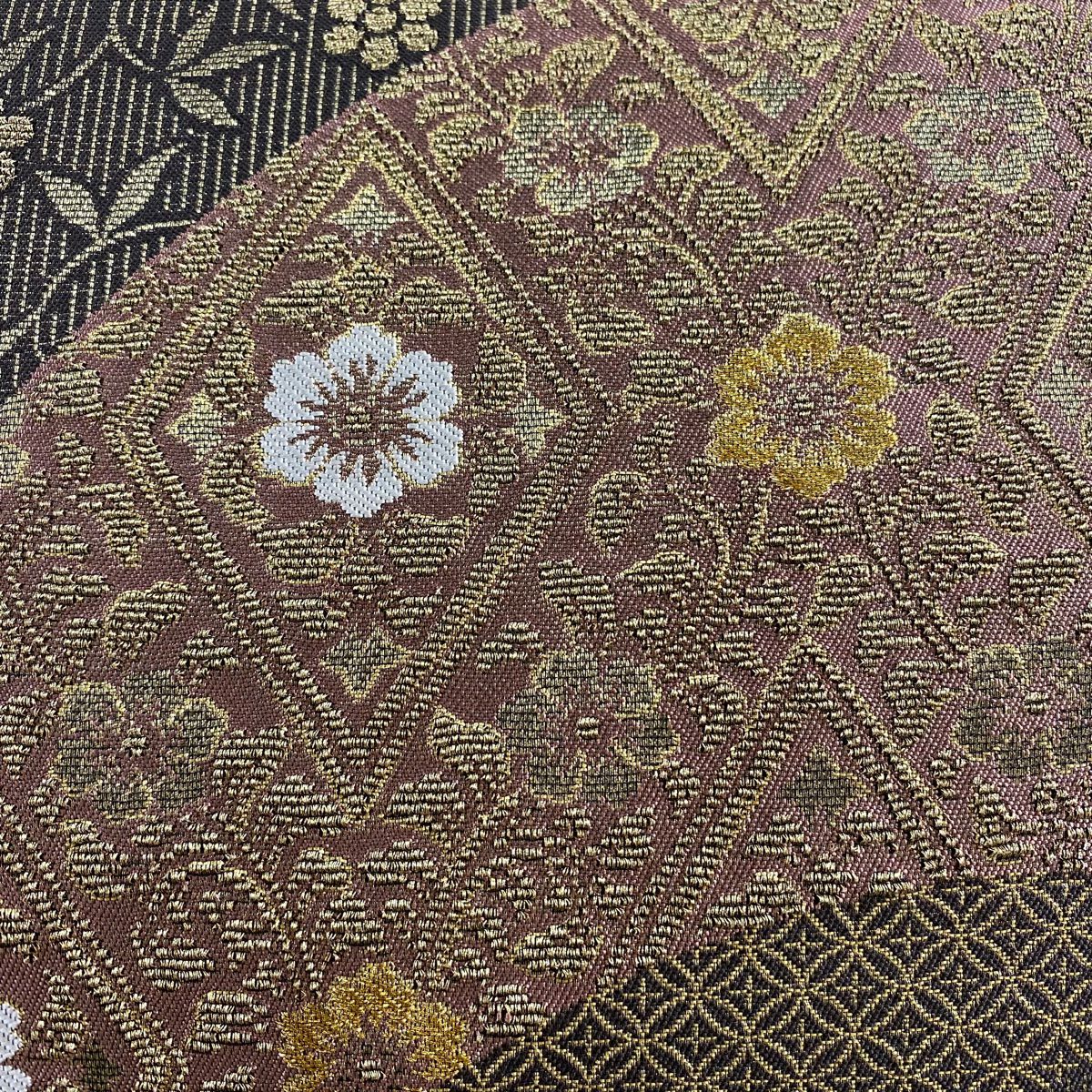 【美品】 袋帶 名品級 西陣織 笹蔓 花唐草紋 金糸 金金箔 茶紫 六通 純蠶絲