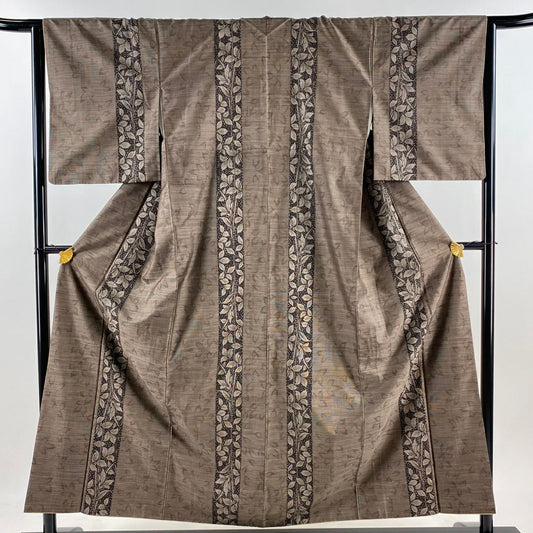 【美品】 紬織 身長156cm 袖長65cm M 雙層 葉柄 焦茶 純蠶絲 秀品級
