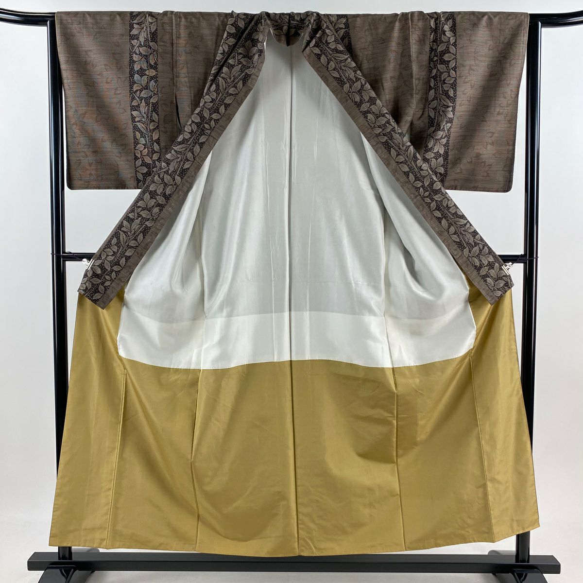 【美品】 紬織 身長156cm 袖長65cm M 雙層 葉柄 焦茶 純蠶絲 秀品級