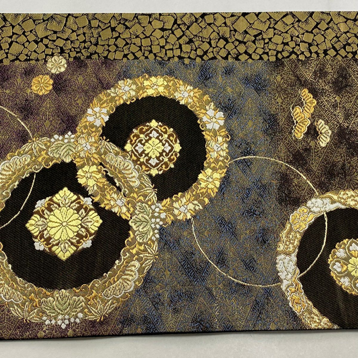 【美品】 袋帶 逸品級 じゅらく 落款あり 華紋 松樹竹子梅花 金絲 金金箔 金色 六通 純蠶絲