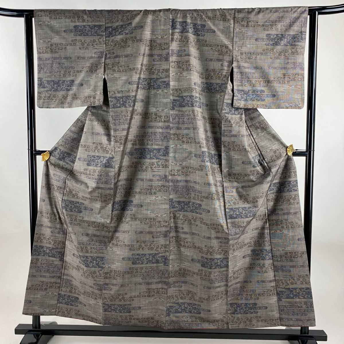 【美品】 紬織織 身長156cm 袖長63cm S 雙層 ヱ霞 花唐草紋 灰茶 純蠶絲 秀品級