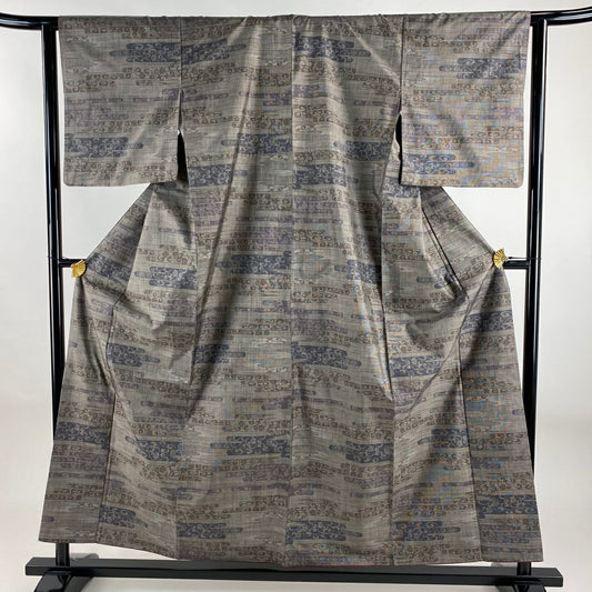 【美品】 紬織織 身長156cm 袖長63cm S 雙層 ヱ霞 花唐草紋 灰茶 純蠶絲 秀品級