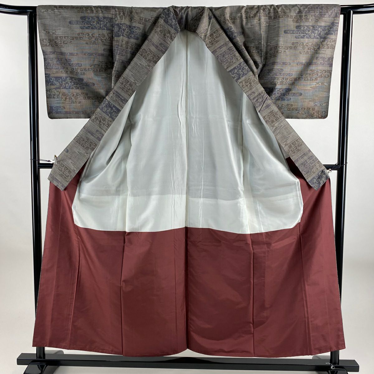 【美品】 紬織織 身長156cm 袖長63cm S 雙層 ヱ霞 花唐草紋 灰茶 純蠶絲 秀品級