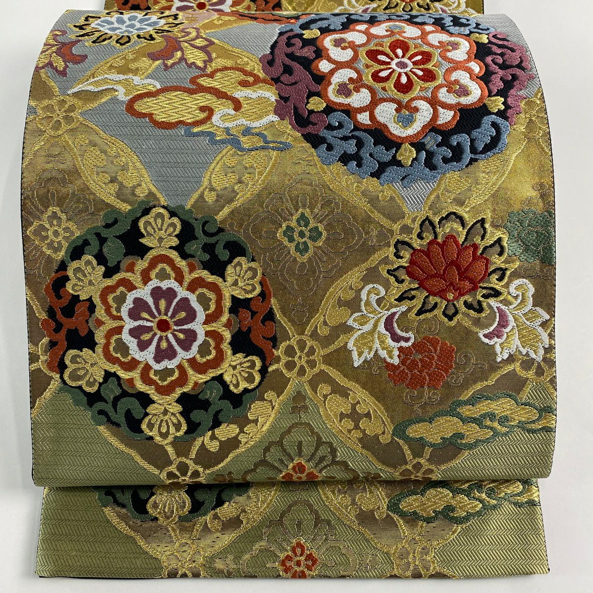 【美品】 袋帶 秀品級 華紋 七寶 金絲 金金箔 艾草綠 六通 純蠶絲