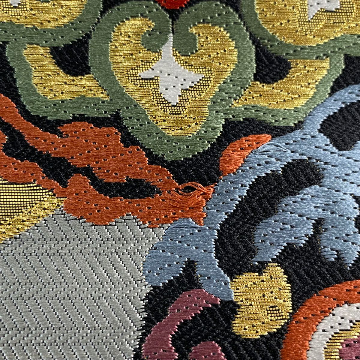 【美品】 袋帶 秀品級 華紋 七寶 金絲 金金箔 艾草綠 六通 純蠶絲