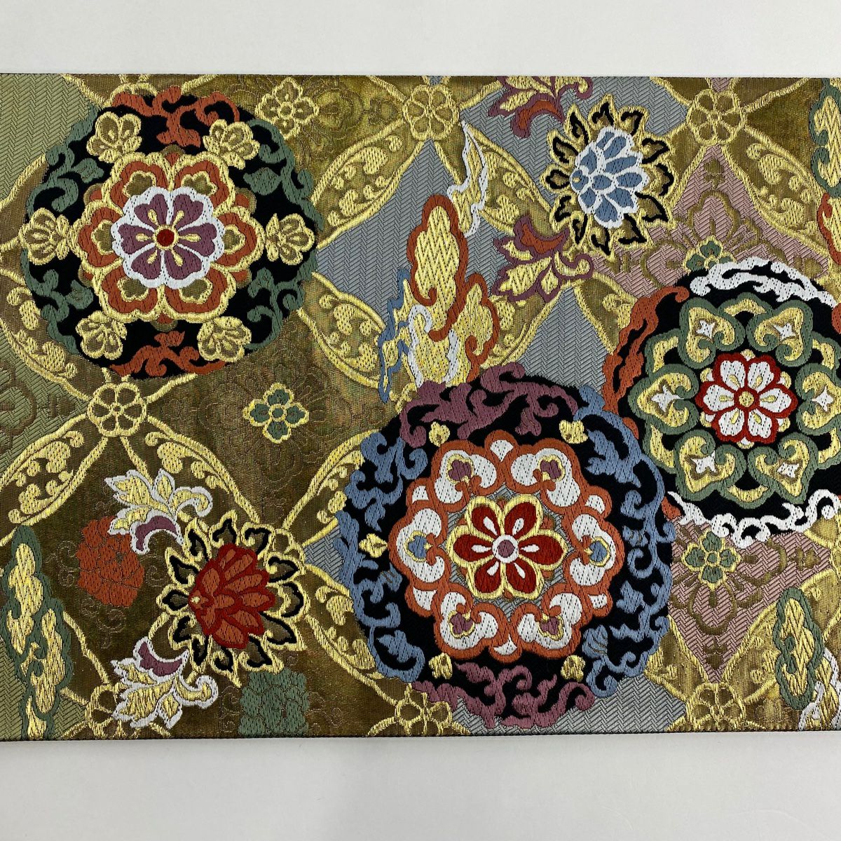 【美品】 袋帶 秀品級 華紋 七寶 金絲 金金箔 艾草綠 六通 純蠶絲