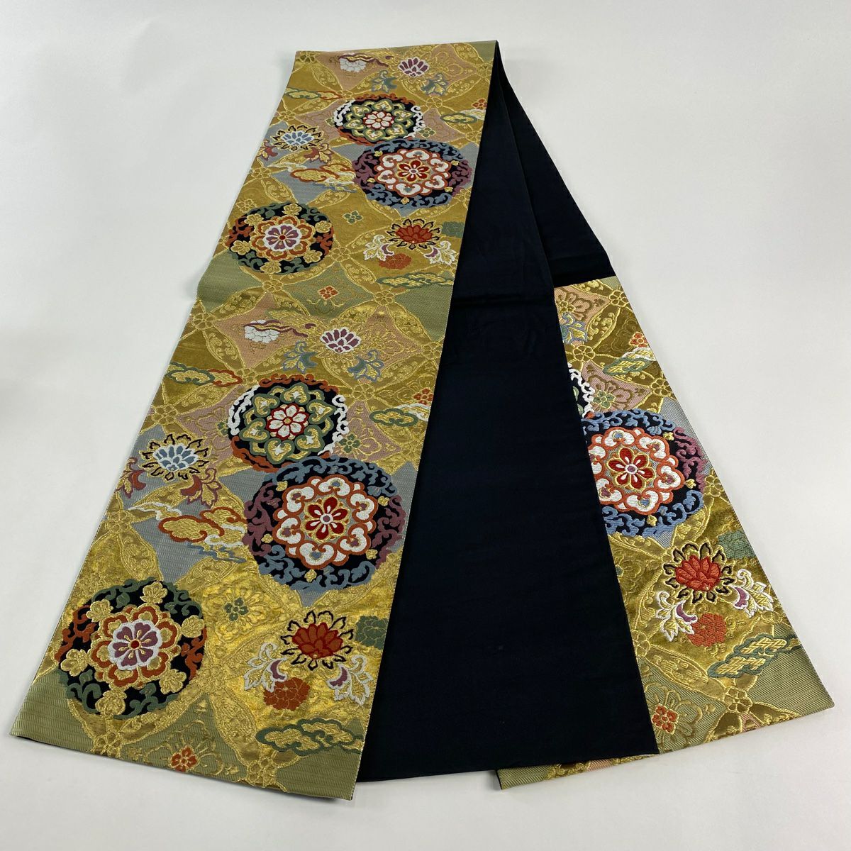 【美品】 袋帶 秀品級 華紋 七寶 金絲 金金箔 艾草綠 六通 純蠶絲