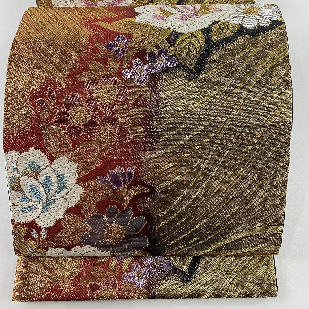 【美品】 袋帶 秀品級 草花紋紋 波 金金箔 唐織 金色 六通 純蠶絲