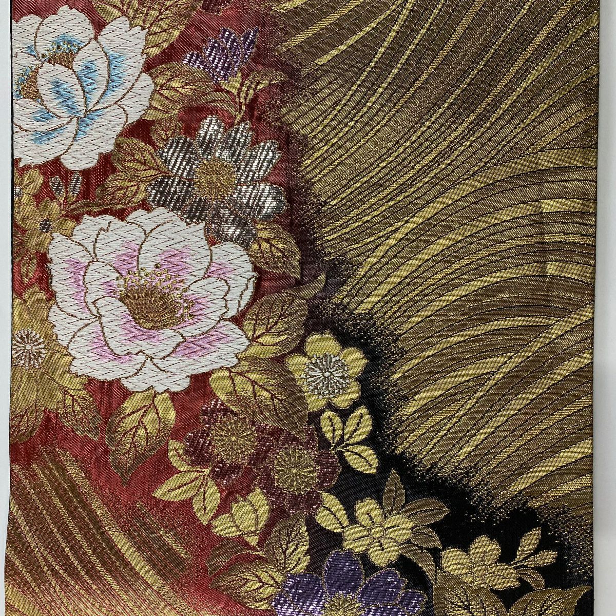【美品】 袋帶 秀品級 草花紋紋 波 金金箔 唐織 金色 六通 純蠶絲