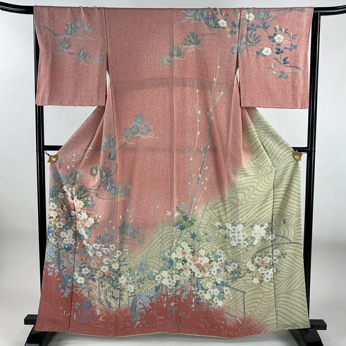 【美品】訪問服 身長161.5cm 袖長65cm M 雙層 落款あり 櫻花 若松樹 漸層 粉紅 純蠶絲 名品級
