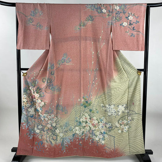 【美品】訪問服 身長161.5cm 袖長65cm M 雙層 落款あり 櫻花 若松樹 漸層 粉紅 純蠶絲 名品級
